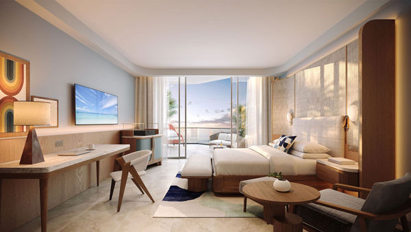 A rendering of a King Room in the new tower at the Hilton Aruba Caribbean Resort & Casino.