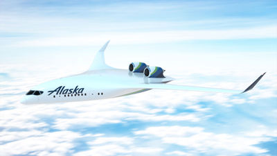 A representation of an Alaska Airlines blended-wing aircraft.