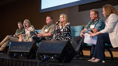 From left to right, Travel Weekly editor in chief Arnie Weissmann; Kama Winters, president of Delta Vacations; Ray Snisky, ALG Vacations group president; Melissa Krueger, CEO  of Classic Vacations; Jack Richards, CEO of Pleasant Holidays; and Mary Pat Sullivan, executive vice president of marketing and partnerships for Northstar Travel Group.