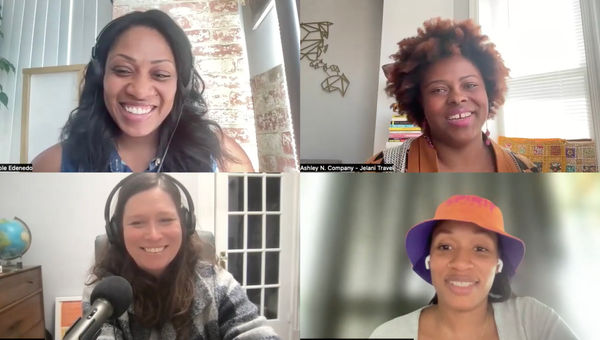 Clockwise from top left: Nicole Edenedo of Travel Weekly; Ashley Company of Jelani Travel; Martinique Lewis, creator of ABC Travel Greenbook; and host Rebecca Tobin.