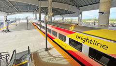 A Brightline train at the Orlando station, located in Orlando International Airport.