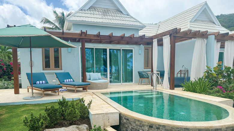 Earlier this year, the property became the 18th to open as part of Sandals Resorts International's flagship brand. Hotels editor Christina Jelski shares her images from a recent visit. Pictured, the patio and plunge pool for a beachfront one-bedroom villa suite.