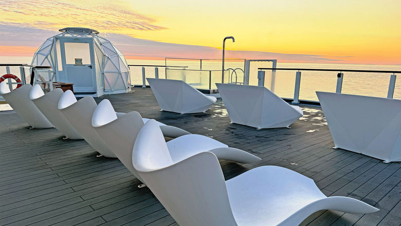 One of the igloos on the upper aft. The glassed-in domes are available for lounging during the day.