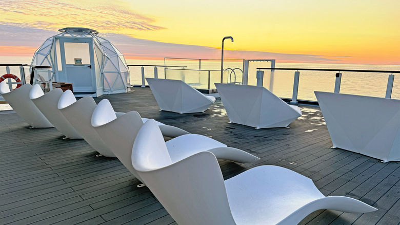 One of the igloos on the upper aft. The glassed-in domes are available for lounging during the day.