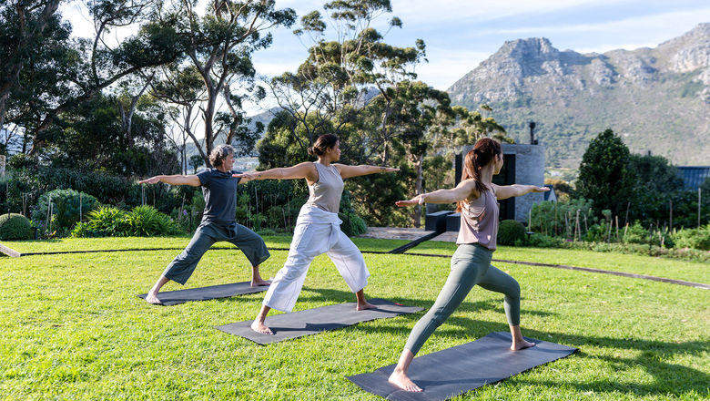 Yoga at Future Found Sanctuary, a five-star retreat owned by Newmark Hotels & Reserves situated on the slopes of Table Mountain in South Africa.