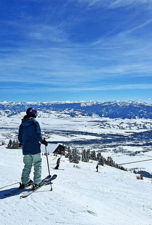 The author's daughter at the top of the black-diamond Rendezvous Bowl, just off the Aerial Tram.