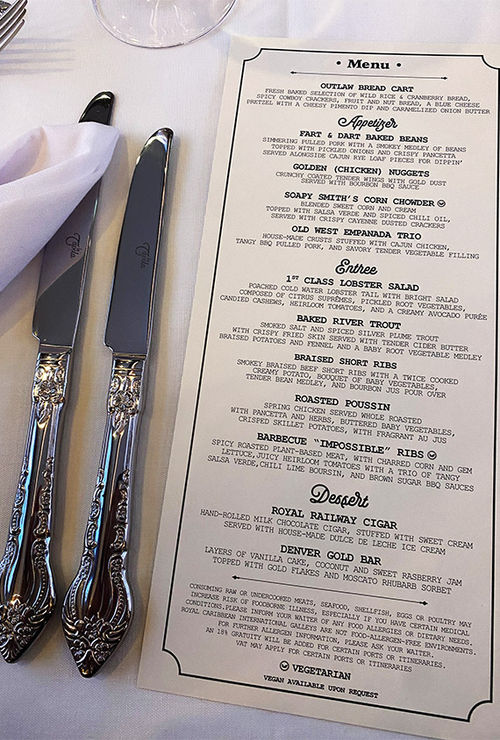 The menu on the Royal Railway is themed for its virtual journey through the Wild West.